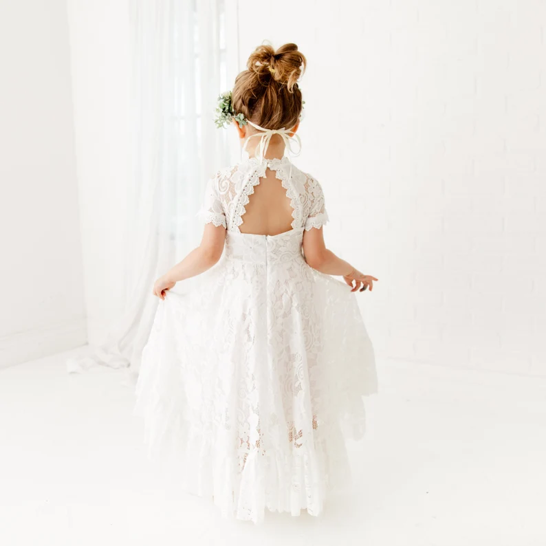 Long boho style flower girl dress with triangle back with button closure