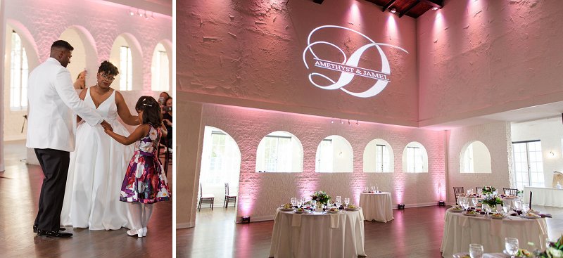 Custom lighting gobo for winter wedding at Historic Post Office in Hampton Virginia