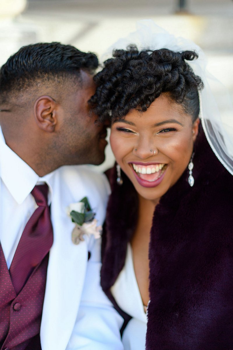 Beautiful black bride and groom for their winter wedding at Historic Post Office in Hampton Virginia