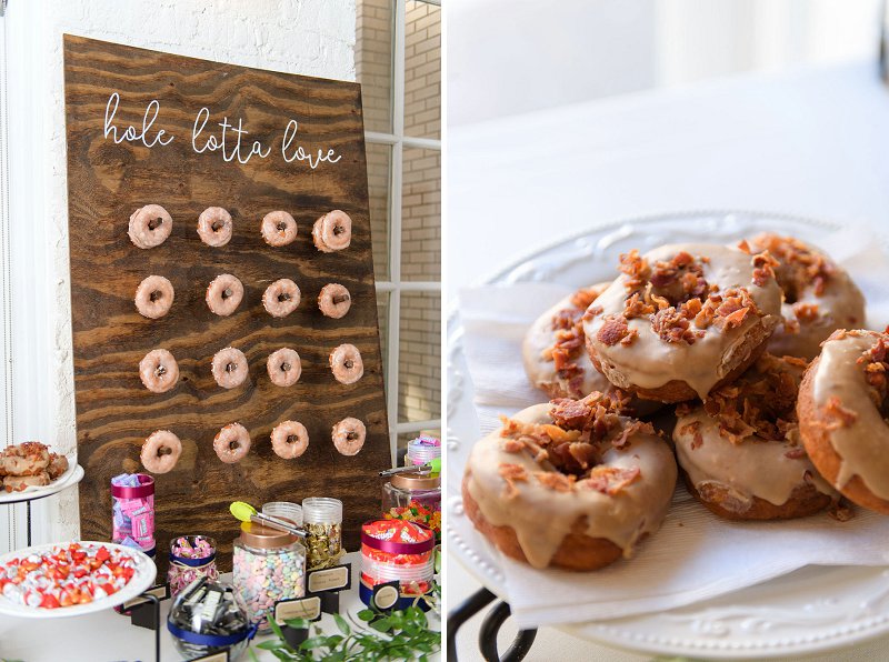 Handmade donut wall for fun alternative winter wedding dessert idea