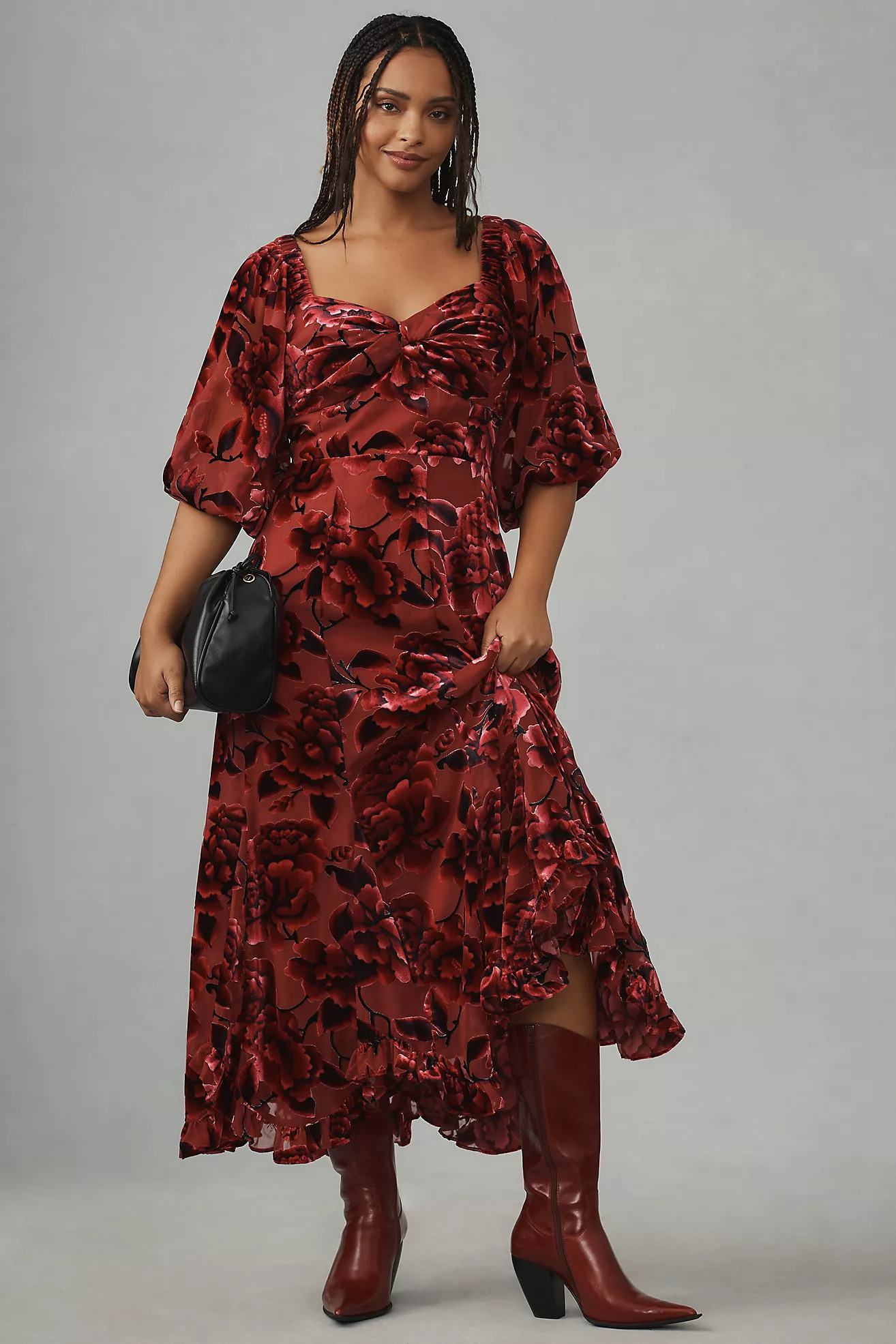 Plus size twist front puff sleeve velvet dress for fall wedding guest