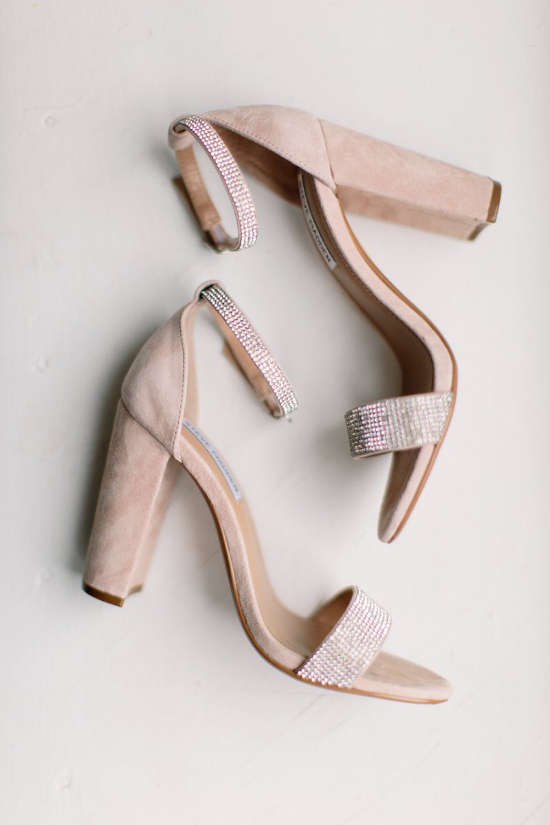 Beige neutral wedding shoes with sparkly strap and tall heels