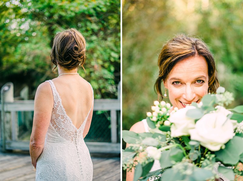 Beautiful bride with long lace sleeveless wedding dress and low v statement back button details