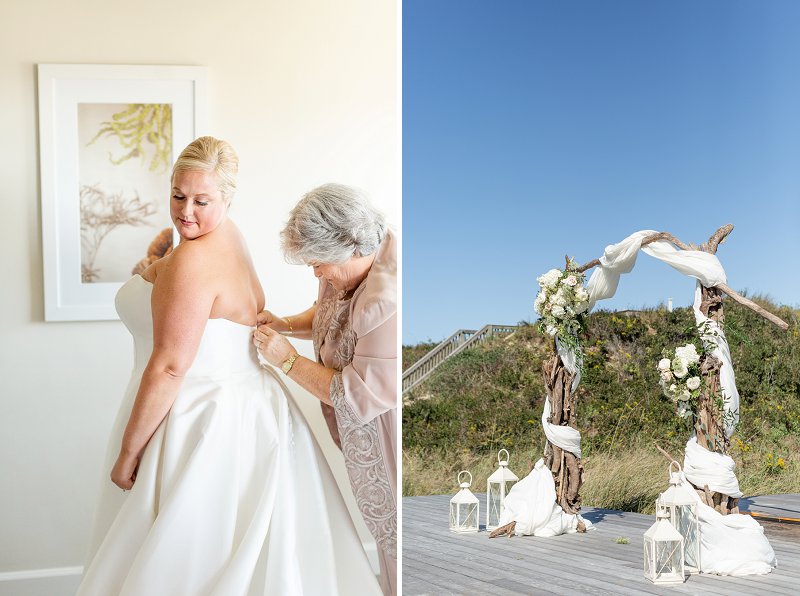 Beautiful plus size bride wearing strapless wedding dress with sweetheart neckline and full satin skirt for beachside wedding