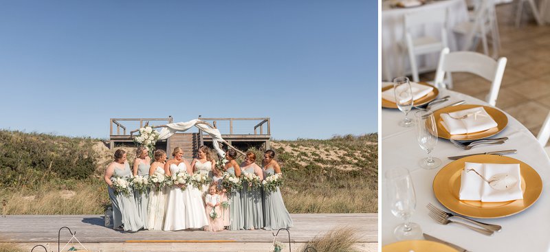 Bridesmaids in pale sage green dresses for romantic beach wedding in the Outer Banks