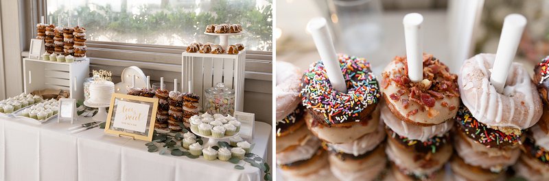 Yummy donut and dessert bar instead of wedding cake for fun beach wedding treats