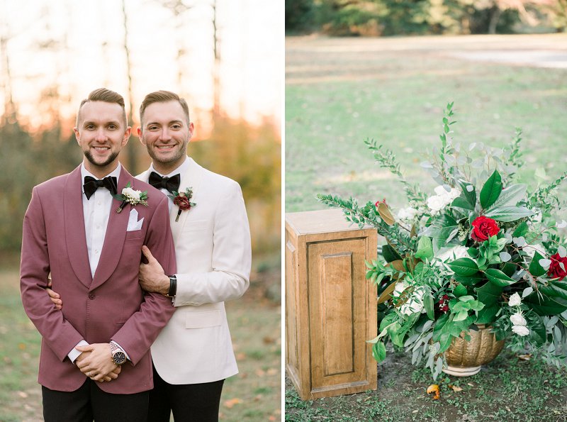 Handsome grooms wearing rose colored tuxedo jacket and white dinner jacket for a classic fall wedding look at Seven Springs Virginia