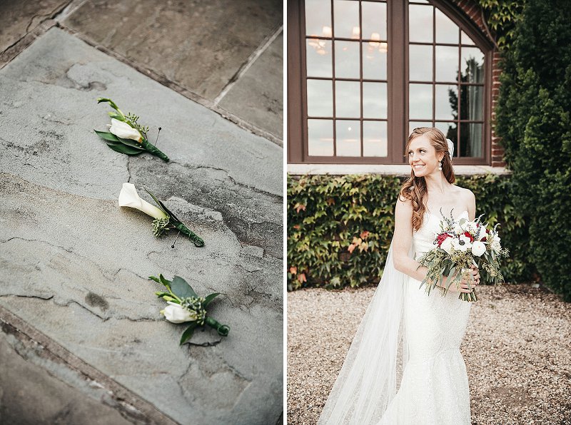 Elegant bride with classic bouquet and lily groom boutonnieres