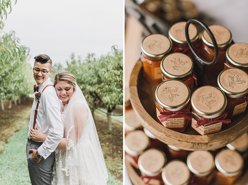 Mini peach jam jars for wedding favors near a peach orchard