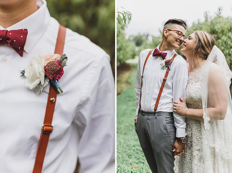 Dapper leather suspenders and rustic boutonniere for chic wedding look