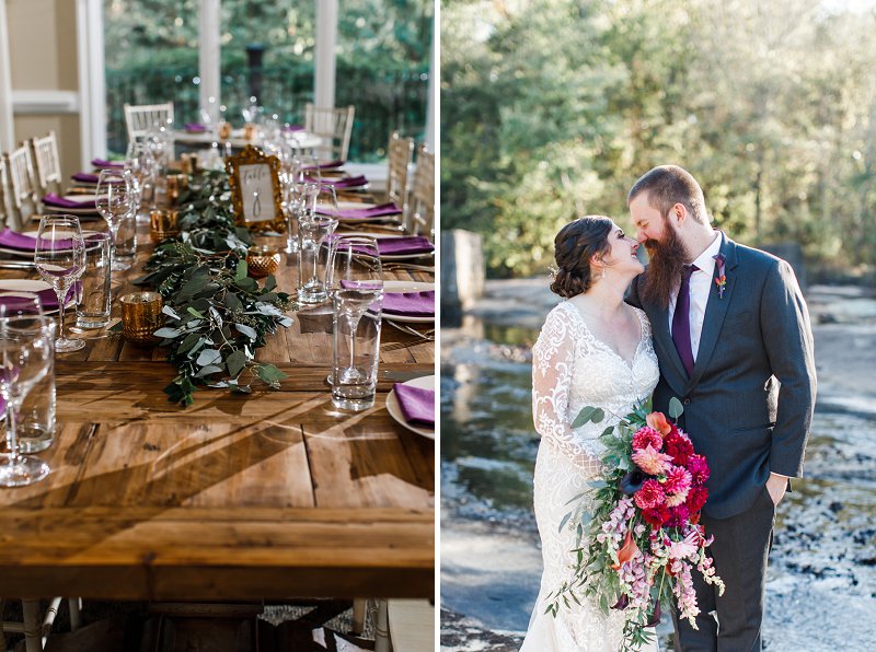 Wooden farm tables with eucalyptus garlands and dark purple napkins for Virginia fall wedding