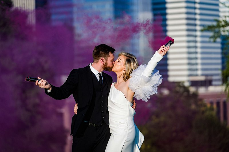 Gorgeously elegant and modern Institute for Contemporary Art museum wedding in Richmond Virginia with purple smoke bomb portraits