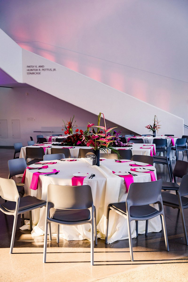 Beautiful modern wedding reception with colorful ikebana inspired floral centerpieces at the Institute for Contemporary Art in Richmond Virginia