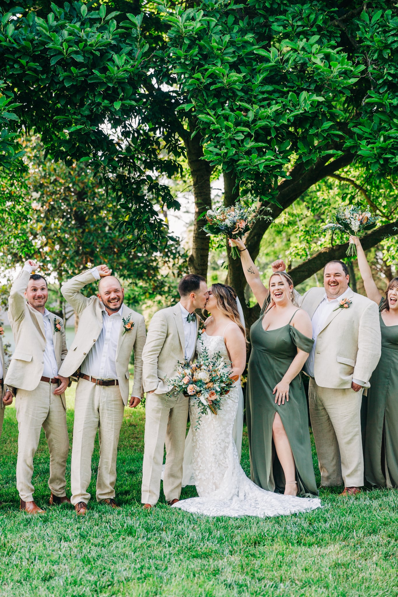 Dark green plus size bridesmaid dresses and tan linen suits for groomsmen and bridesman