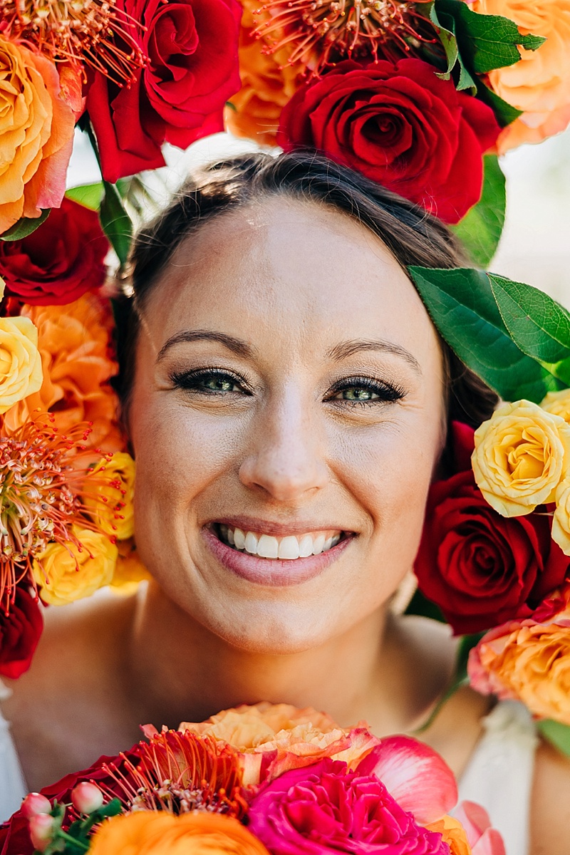 Gorgeous wedding flower portrait photo idea with bouquets and the bride