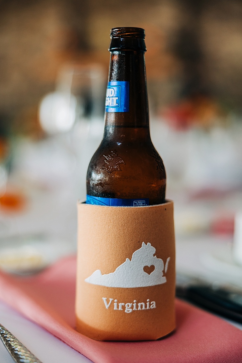 Custom orange Virginia wedding can koozies for Richmond boatouse wedding