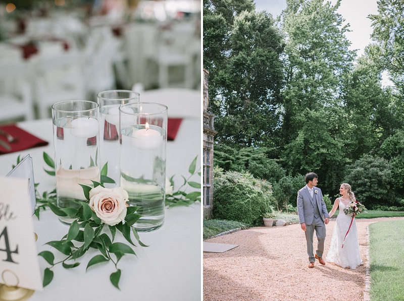 Simple wedding reception centerpiece ideas with candles and greenery on white tablecloth