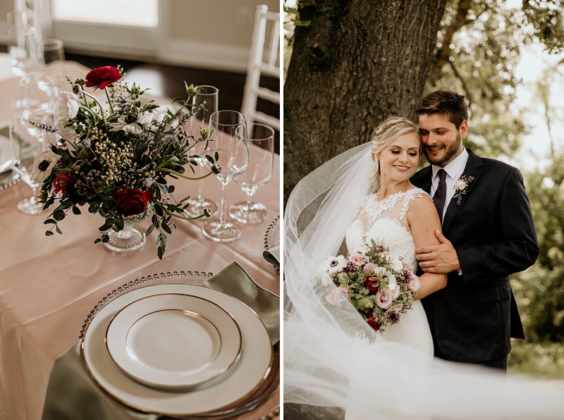 Pink and red rustic wedding ideas with pink silk tablecloth