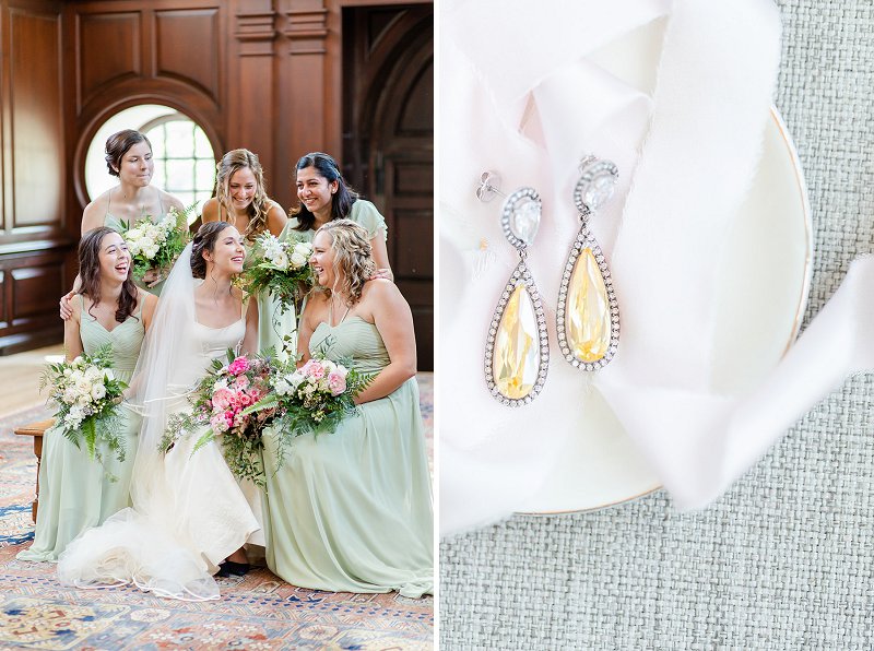 Beautiful bridesmaids in mint green dresses for classic military wedding in Williamsburg Virginia