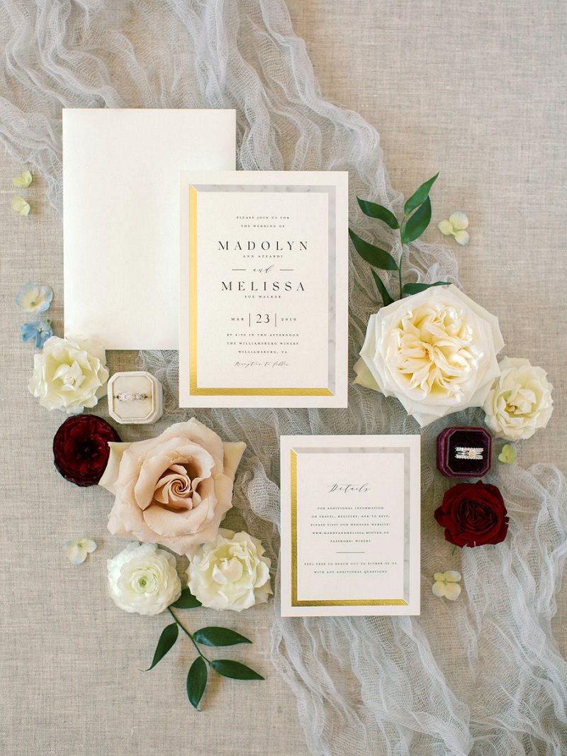 Classic modern wedding invitations with marble and gold design details from Minted