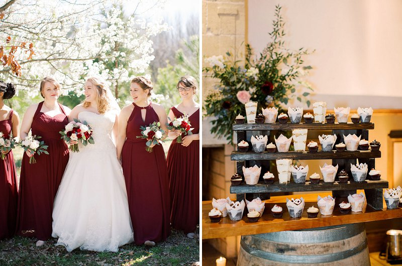 Tiered wedding cupcake stands for rustic wedding dessert along with two tiered chocolate wedding cake