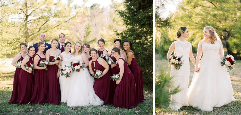 Bridesmaids in burgundy red dresses and bridesmen in navy blue suits for a rustic winery wedding in Virginia