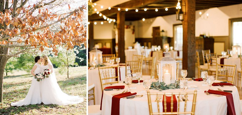 Romantic LGBTQ wedding day at Williamsburg Winery in Virginia with two brides in complementary lace bridal gowns